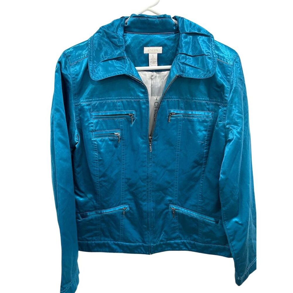 Chico's Women's Teal Satin Lined Jacket Size M Full Zip‎ Casual